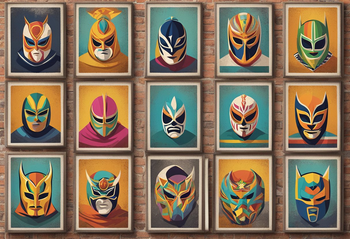 Una colorida colección de carteles vintage de lucha libre exhibidos en una pared de ladrillo desgastada, con ilustraciones audaces de luchadores enmascarados en poses de acción dramáticas.