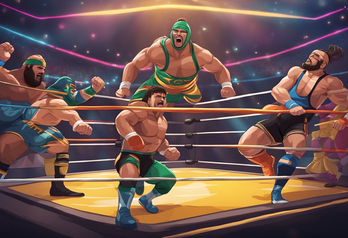 Un dramático ring de lucha libre con trajes coloridos, expresiones faciales intensas y poses dinámicas