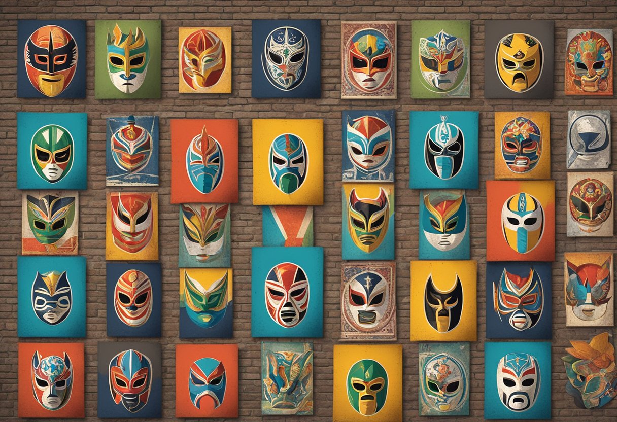 Una colección de carteles vintage de lucha libre exhibidos en una pared de ladrillo desgastada, rodeados de coloridas máscaras de lucha y memorabilia.