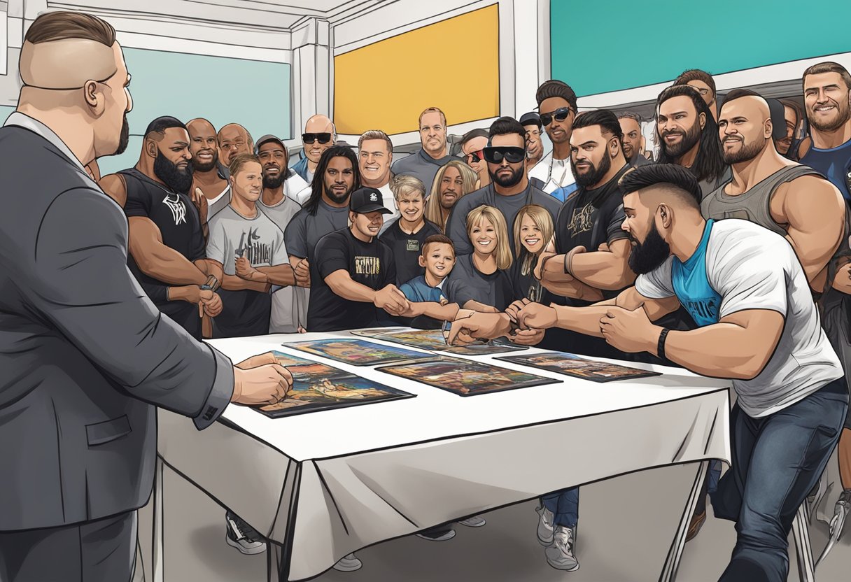 Luchadores de la WWE interactuando con fans, firmando autógrafos y tomando fotos en un evento de encuentro y saludo