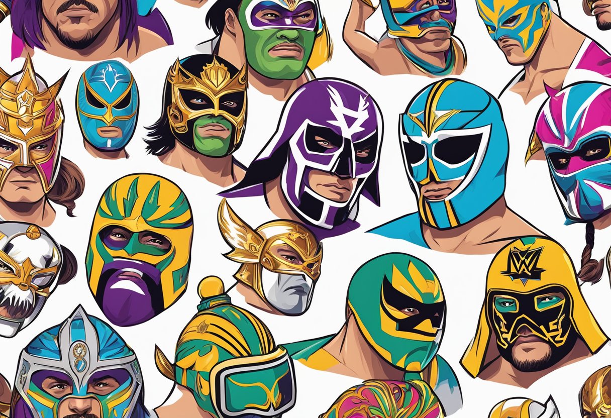 Una colección de dibujos temáticos de lucha libre WWE con colores vibrantes y poses dinámicas