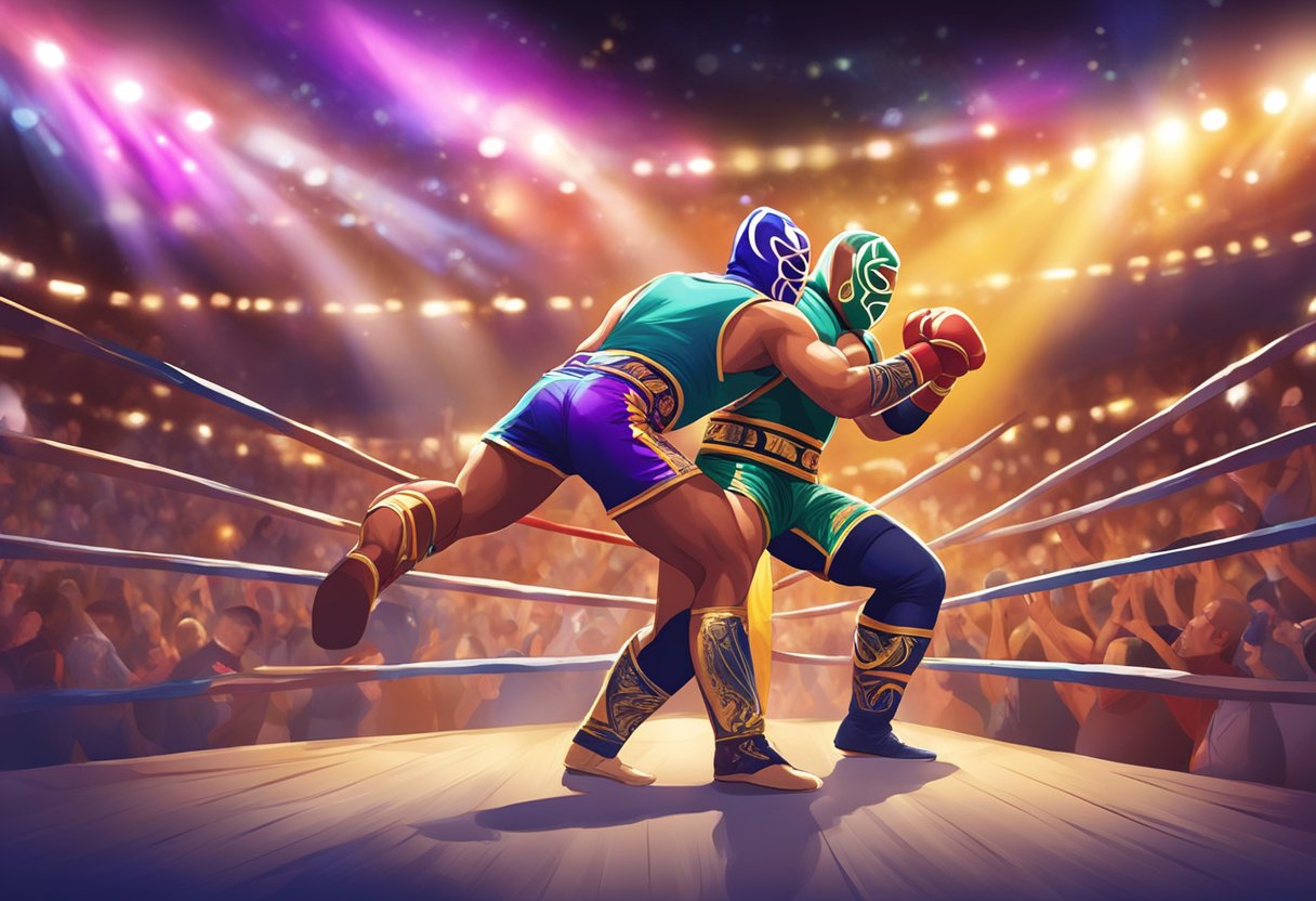 En la colorida y animada arena, dos luchadores enmascarados se enfrentan en el ring, rodeados de aficionados animando y una iluminación dramática.