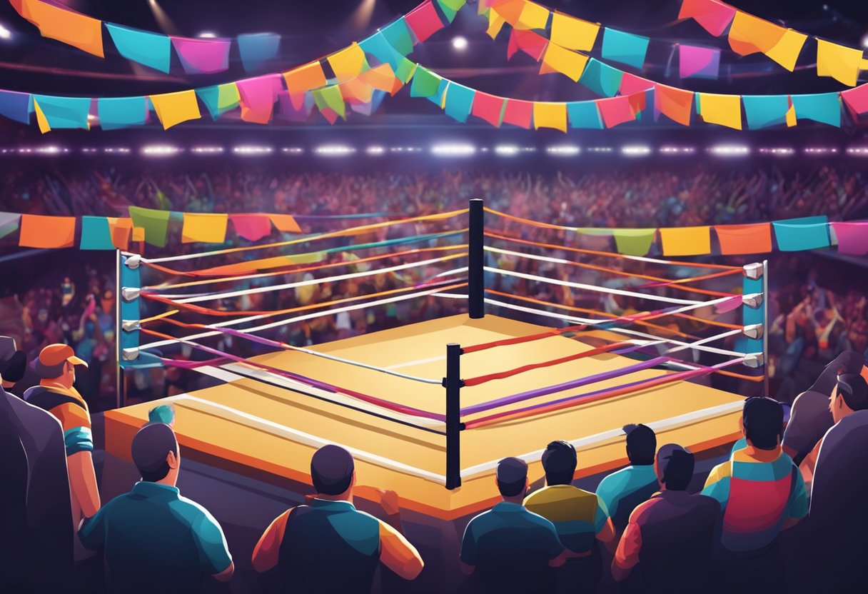 Un ring de lucha libre con pancartas coloridas y una multitud animando