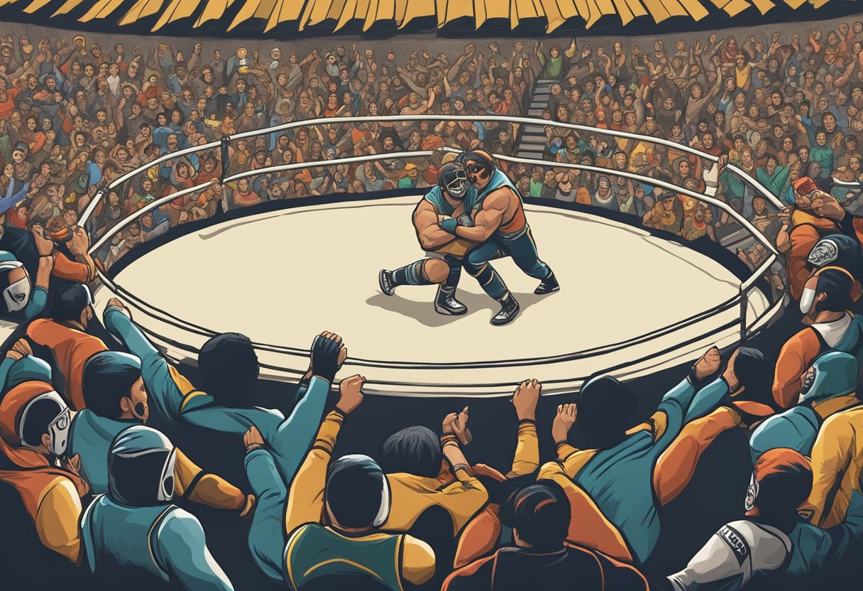 Un ring rodeado de aficionados animando, con dos luchadores enmascarados atrapados en una lucha dramática, mostrando la historia y evolución de la lucha libre.