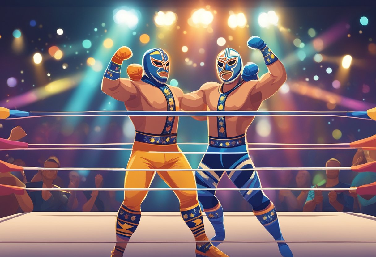 Dos luchadores con máscaras y mallas coloridas entrelazan los brazos en un ring de lucha libre, rodeados de aficionados animados y luces parpadeantes.