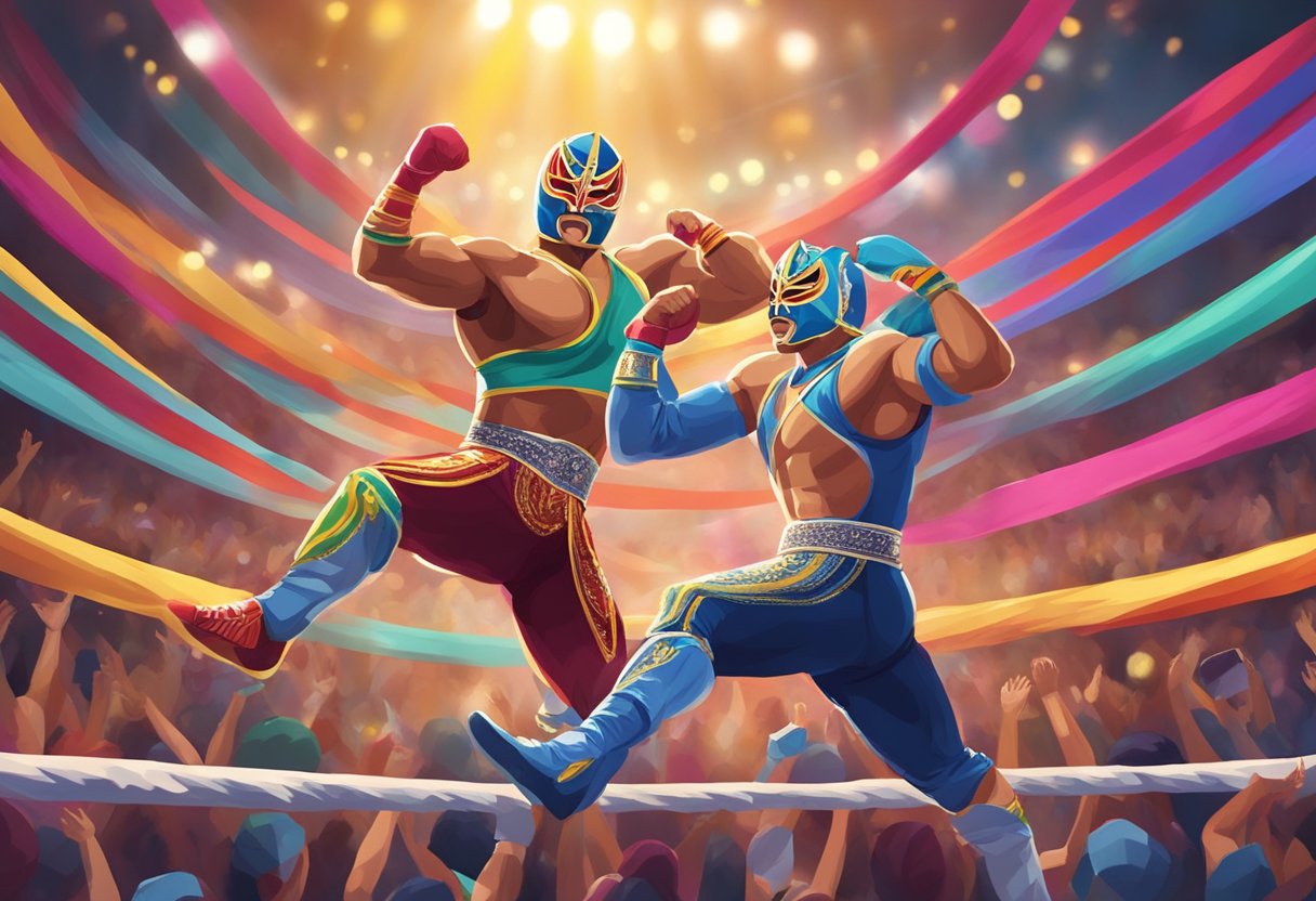 Dos luchadores con máscaras coloridas y trajes elaborados participan en una batalla acrobática y de alto vuelo dentro del ring, rodeados de aficionados animando.