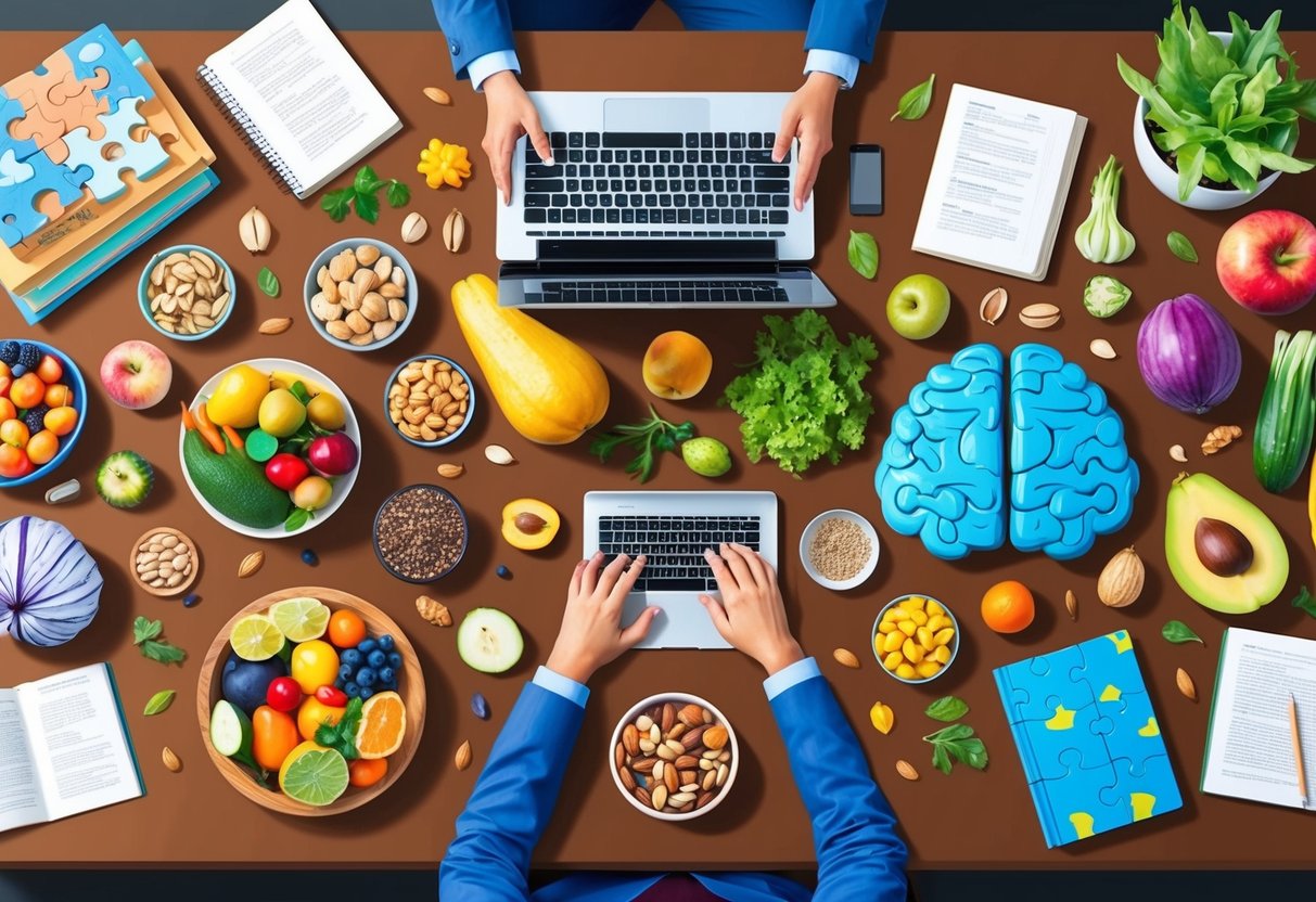A table filled with colorful fruits, vegetables, nuts, and seeds, surrounded by books, a laptop, and a brain-shaped puzzle