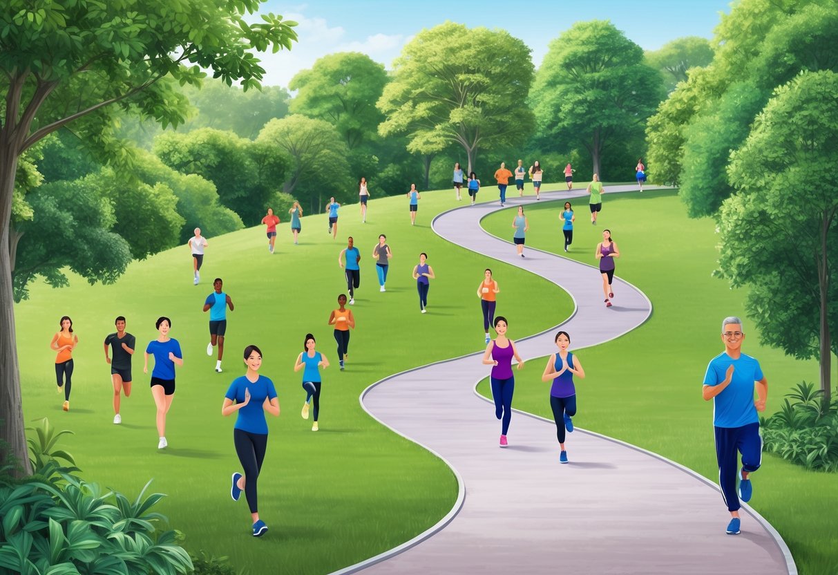 A serene park with a winding trail, surrounded by lush greenery and filled with people engaged in various forms of exercise like jogging, yoga, and tai chi
