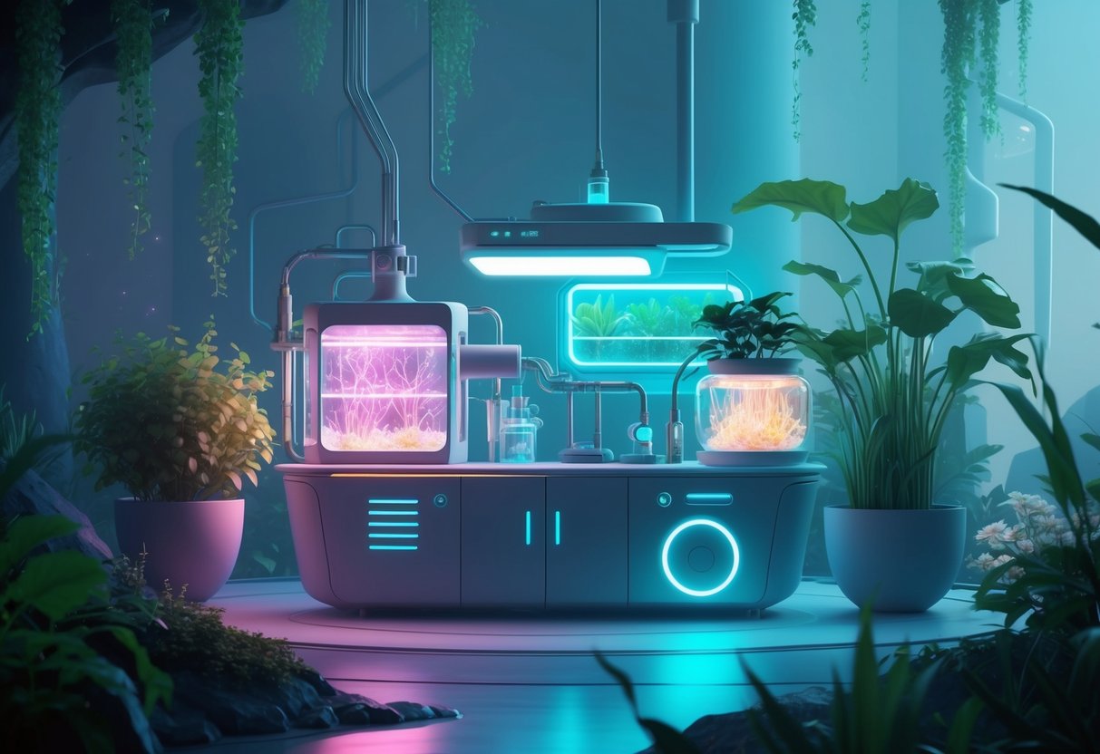 A serene, futuristic laboratory with glowing biohacking equipment and plants, surrounded by a calming, natural environment