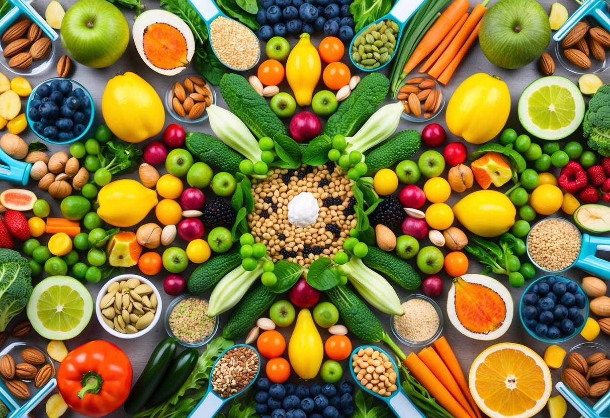 A brightly colored array of fresh fruits, vegetables, nuts, and seeds arranged in a visually appealing pattern, surrounded by images of biohacking tools and energy-boosting supplements