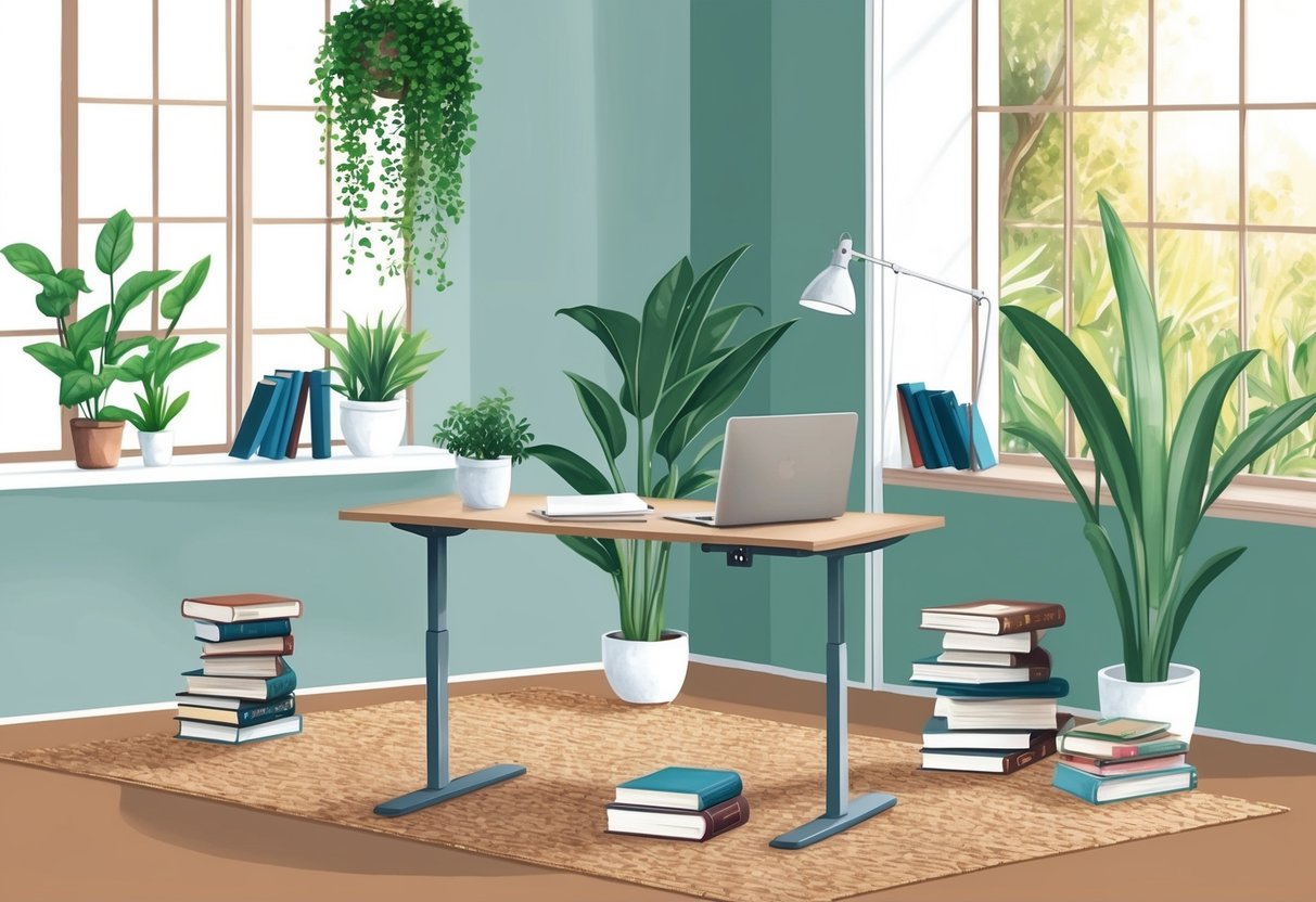 A serene, clutter-free workspace with natural light, plants, and a standing desk surrounded by books and a laptop