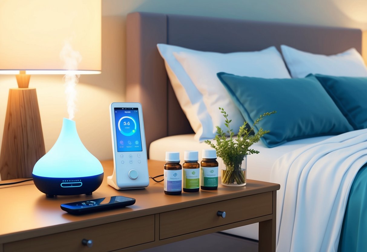 A serene bedroom with soft lighting, a comfortable bed, and a soothing aroma diffuser. A digital sleep tracker sits on the bedside table, while a selection of natural supplements and herbal teas are neatly arranged nearby