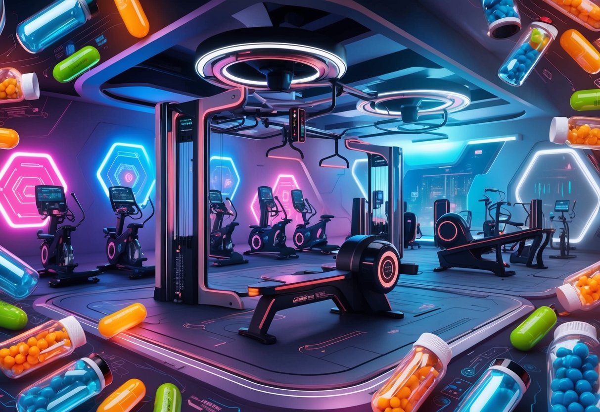 A futuristic gym with advanced equipment and technology, surrounded by vibrant energy-boosting supplements and biohacking devices