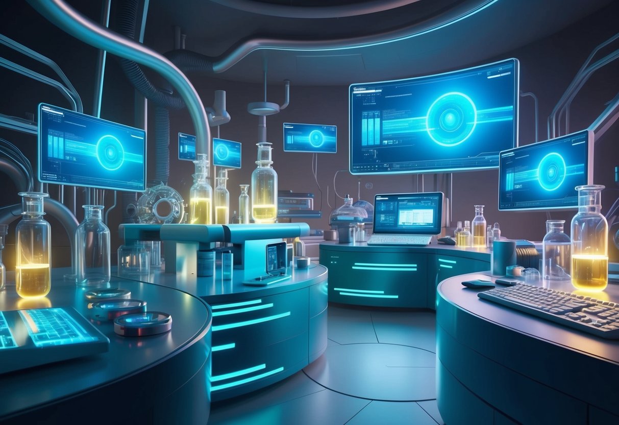 A futuristic laboratory filled with glowing vials, advanced equipment, and pulsing computer screens, all surrounded by an aura of cutting-edge technology