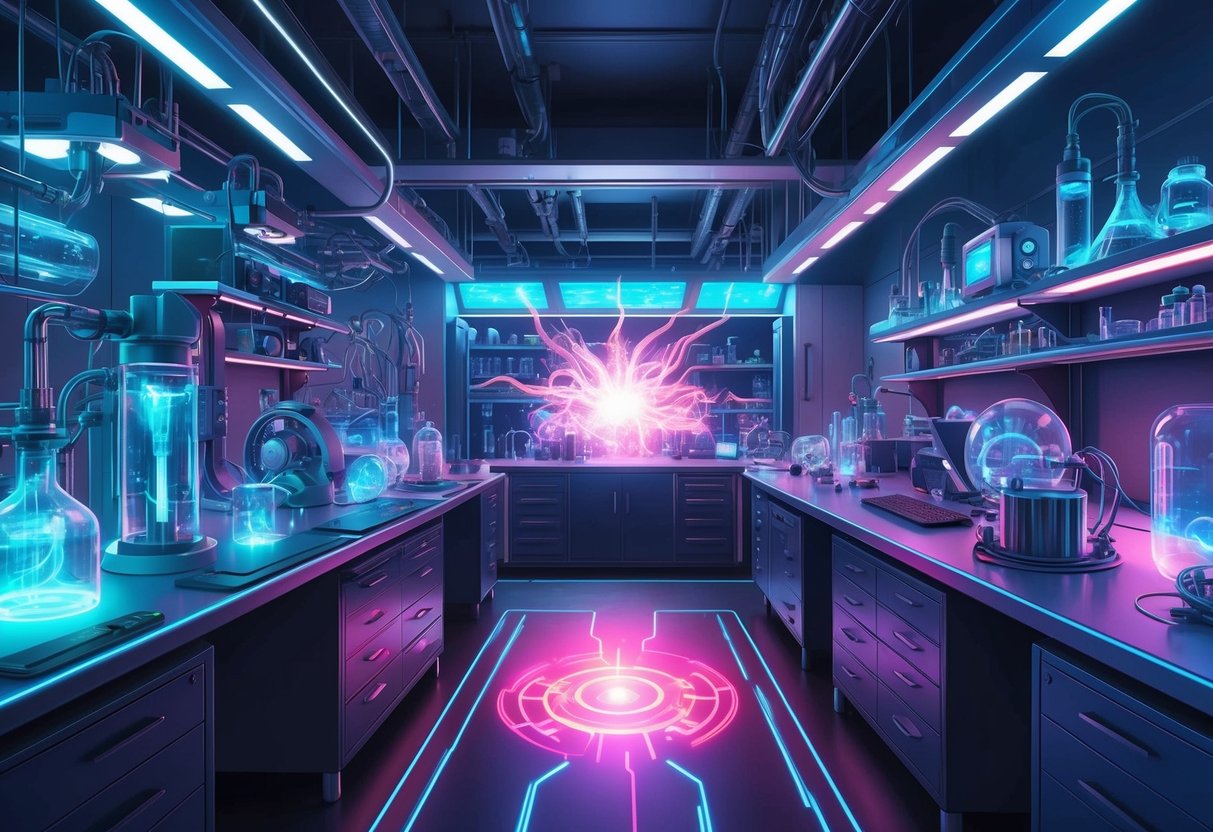 A laboratory filled with high-tech equipment and futuristic biohacking devices, emitting a vibrant energy