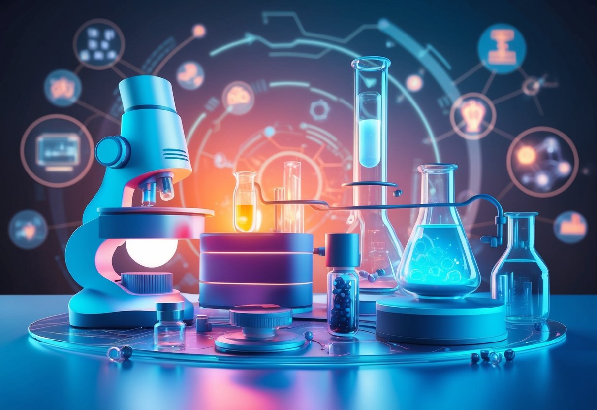 A laboratory setting with futuristic equipment and glowing vials, surrounded by a backdrop of technological advancements and scientific innovation