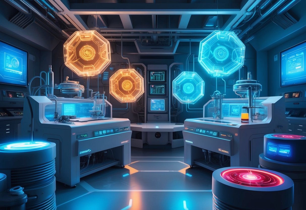 A laboratory setting with futuristic equipment and glowing biohacking devices, surrounded by a high-tech environment with digital displays and advanced technology