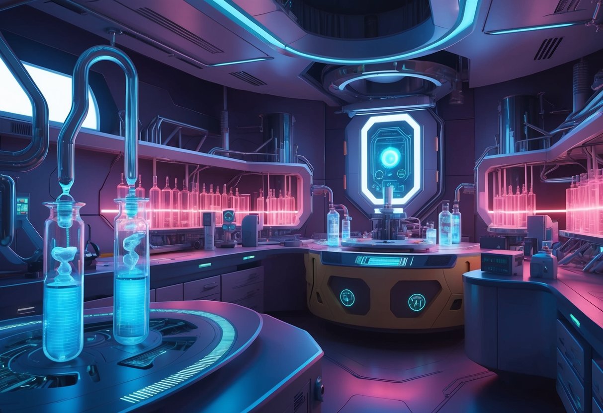 A futuristic laboratory with glowing vials, advanced machinery, and biohacking equipment
