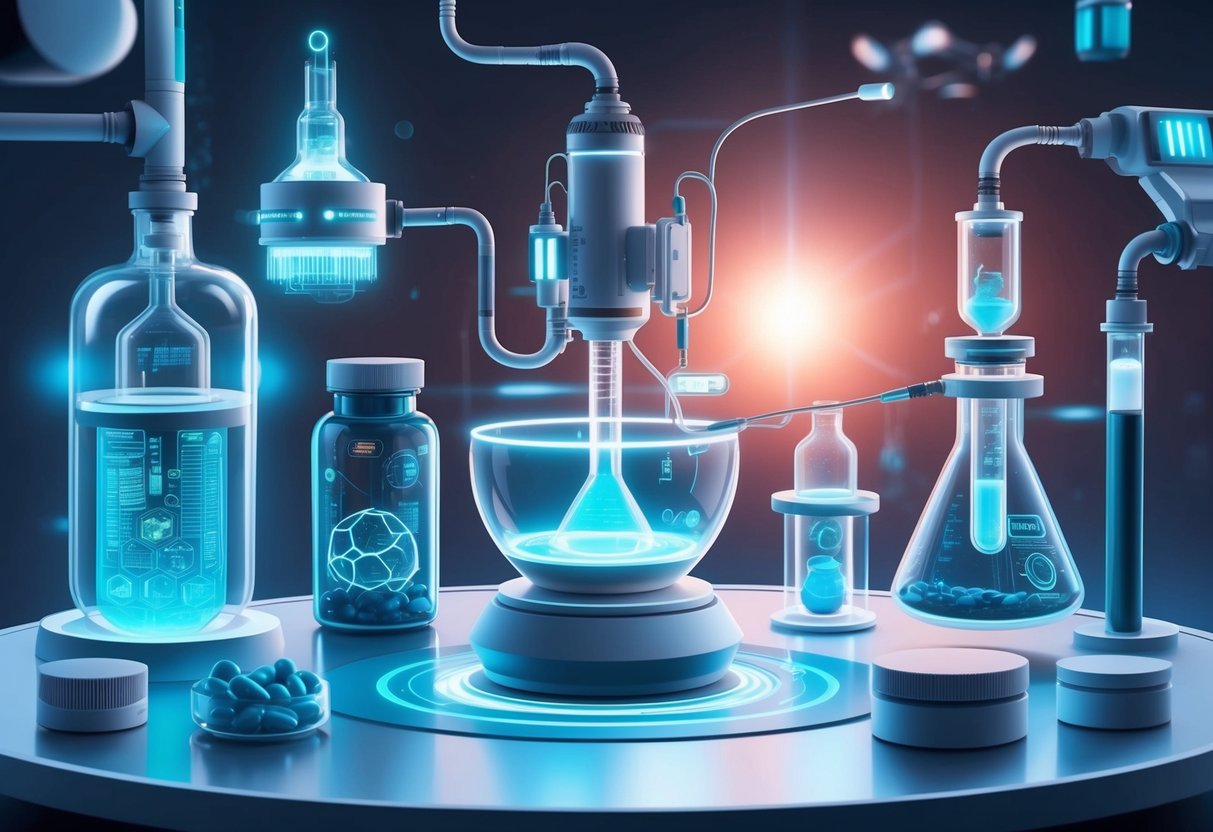 A laboratory setting with futuristic equipment and technology, including biohacking devices and energy-boosting supplements