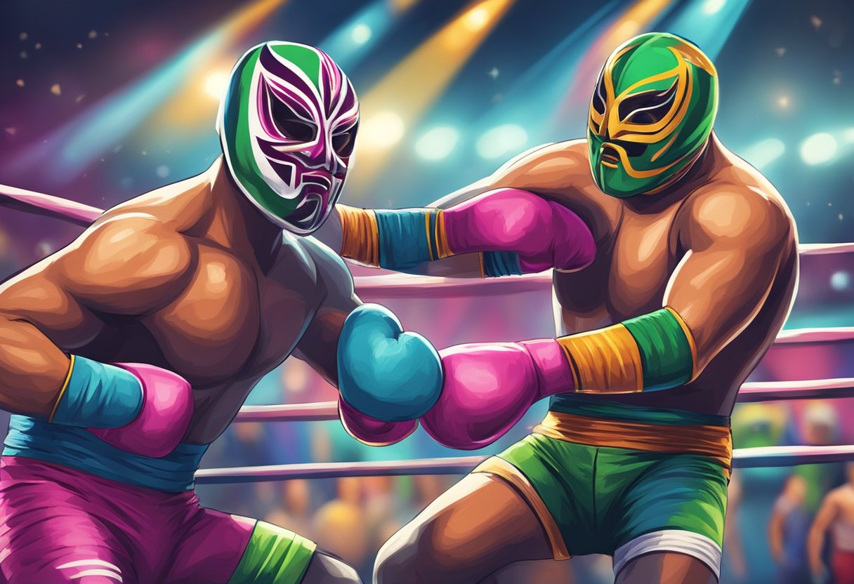 Un colorido ring de lucha libre con luchadores enmascarados en acción