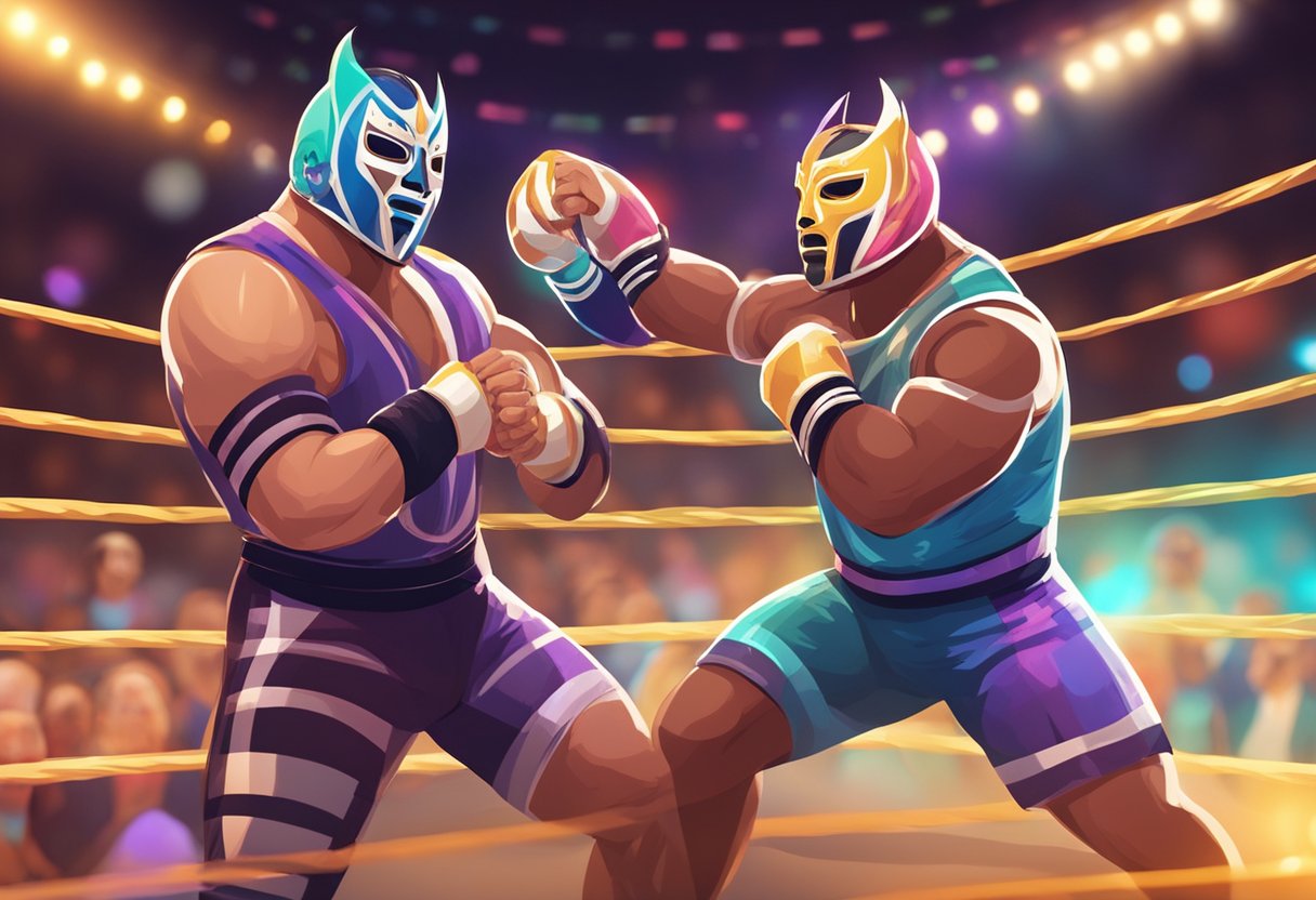 Dos luchadores con máscaras coloridas luchando en un ring de lucha libre, rodeados de fans animados y luces brillantes.