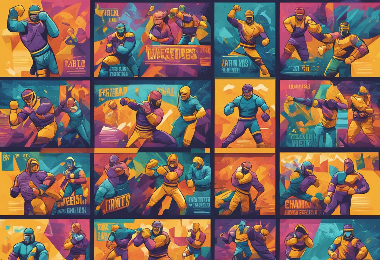 Pósters de lucha coloridos en una pared de ladrillo, con luchadores enmascarados en poses dinámicas rodeados de texto audaz y gráficos vibrantes.