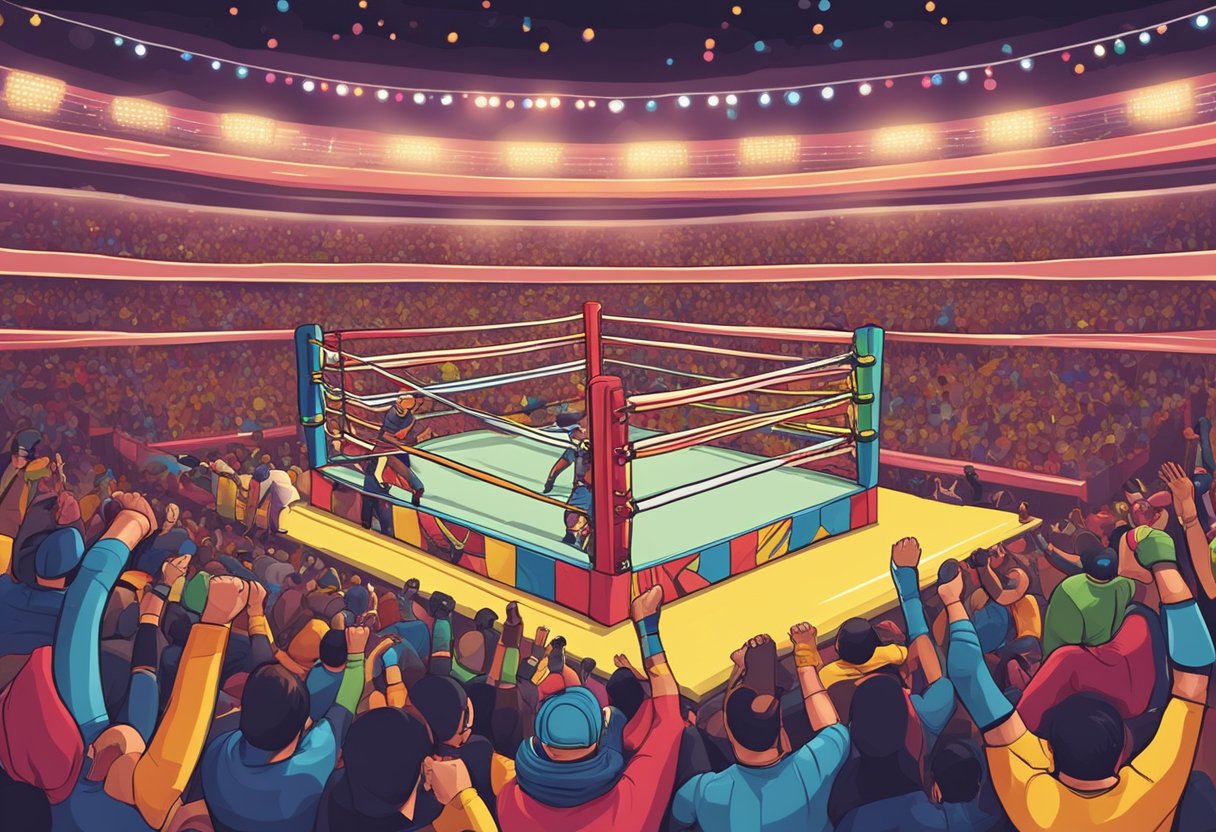 Una animada arena de lucha libre con máscaras coloridas, aficionados animando y luchadores en acción.