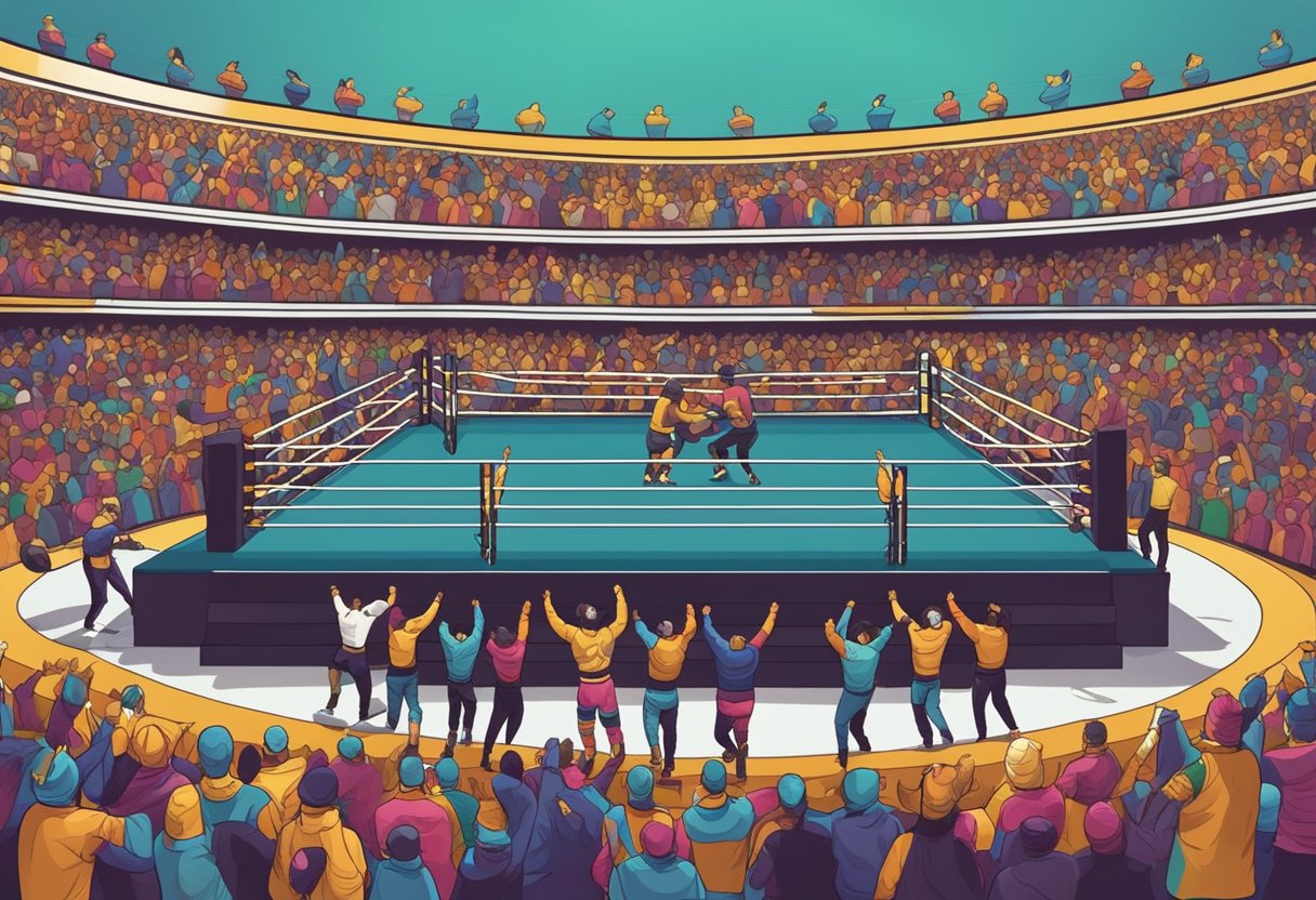 Un colorido ring de lucha libre con luchadores enmascarados y aficionados animando.