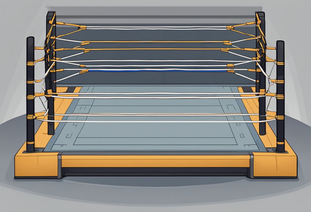 Un ring de lucha libre, de 20 pies por 20 pies, rodeado de cuerdas y tensores, con una plataforma elevada y superficie acolchada