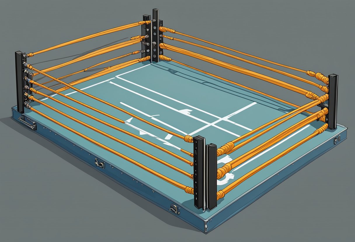 Un ring de lucha libre con estructuras y medidas especiales, incluyendo diferentes tipos de cuerdas y tensores.