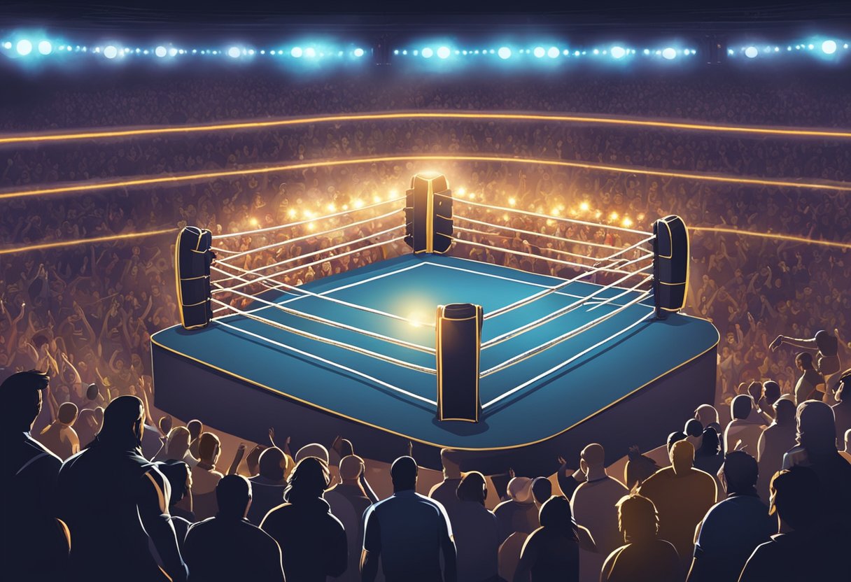 Un ring de lucha libre rodeado de fanáticos animando, con luces brillantes iluminando la arena y luchadores preparándose para enfrentarse en el centro.