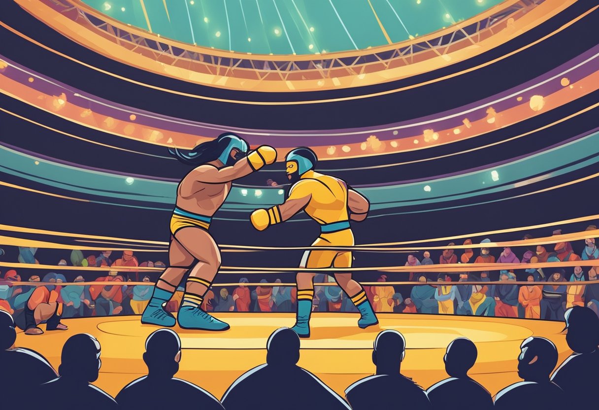 Un dramático combate de lucha libre en una arena llena de gente, con coloridos trajes, acción intensa y apasionados aficionados animando a sus luchadores favoritos.