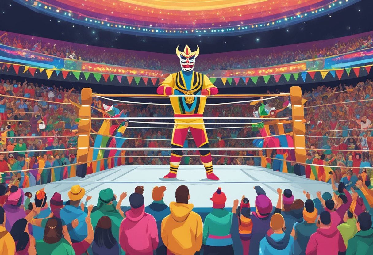 Máscaras coloridas y trajes vibrantes llenan el ring de lucha mientras la multitud aplaude y abuchea, creando una atmósfera electrizante para el Día de la Lucha Libre.