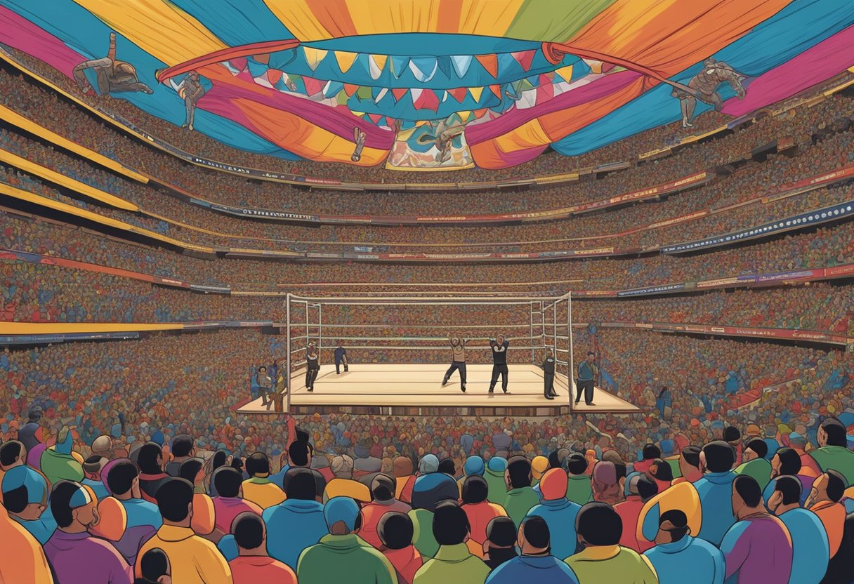 Una colorida arena llena de aficionados animando, máscaras elaboradas y luchadores acrobáticos que muestran la importancia cultural y el legado de la lucha libre.