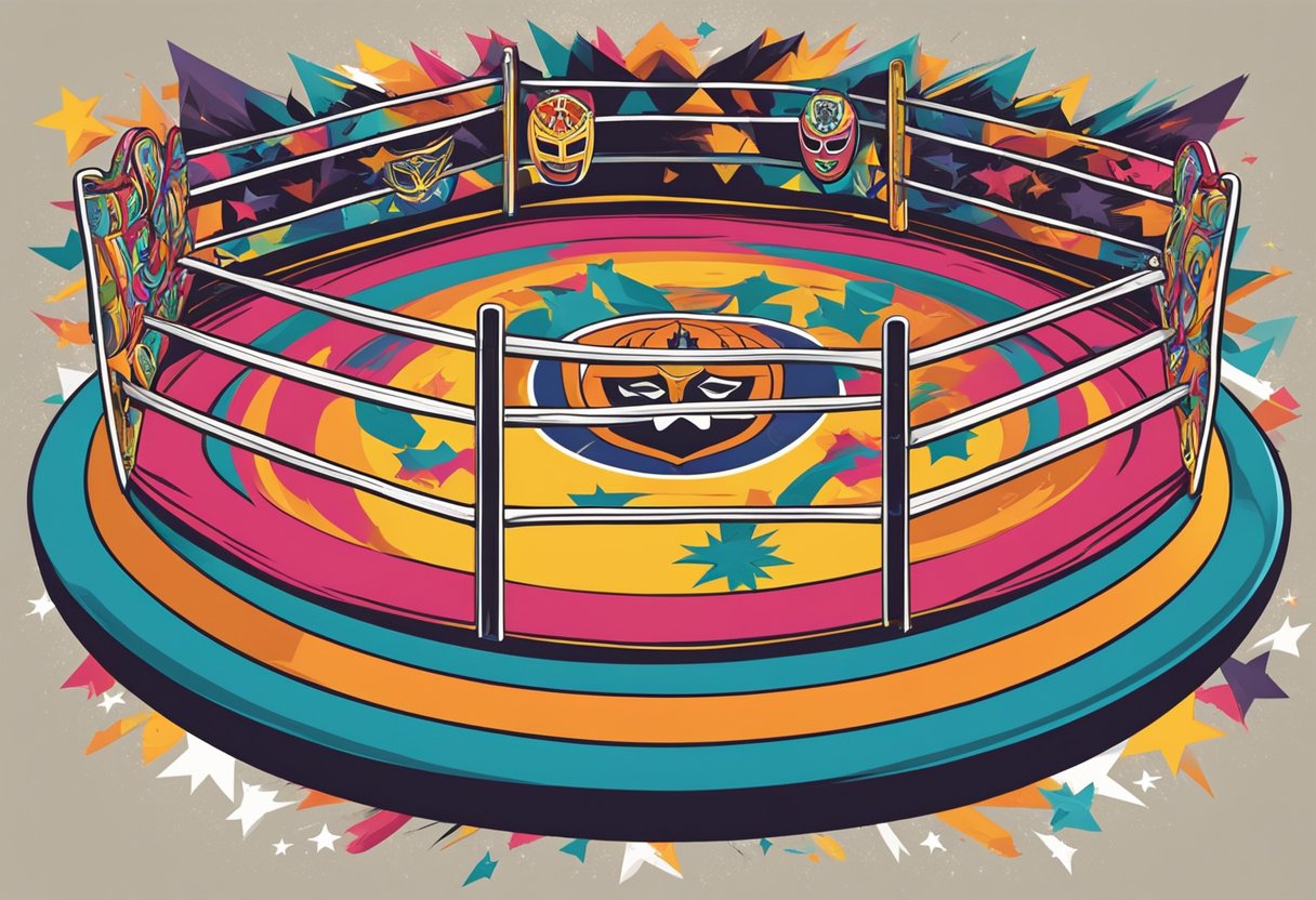 Un colorido ring de lucha libre con máscaras icónicas de lucha libre y símbolos que lo rodean