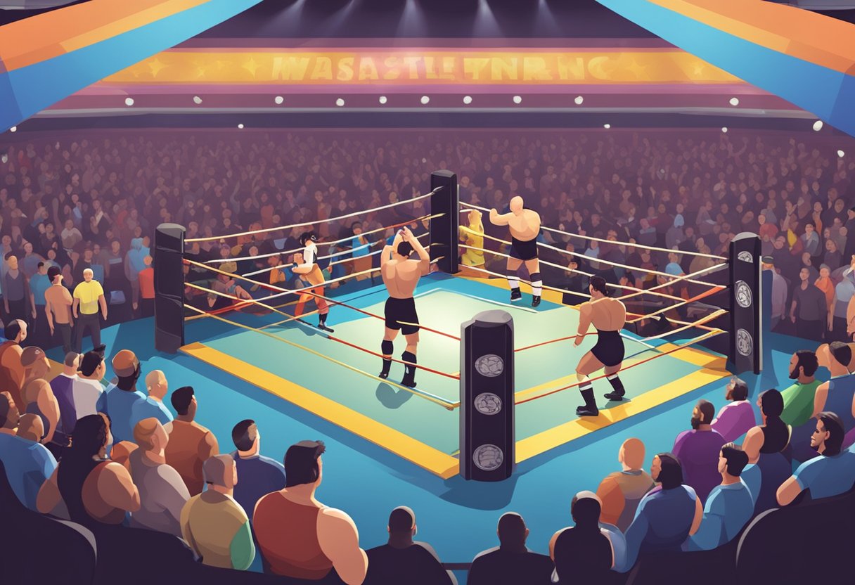 Una arena de lucha libre abarrotada con pancartas coloridas, aficionados animando y una iluminación dramática, mientras los luchadores se enfrentan en el ring.