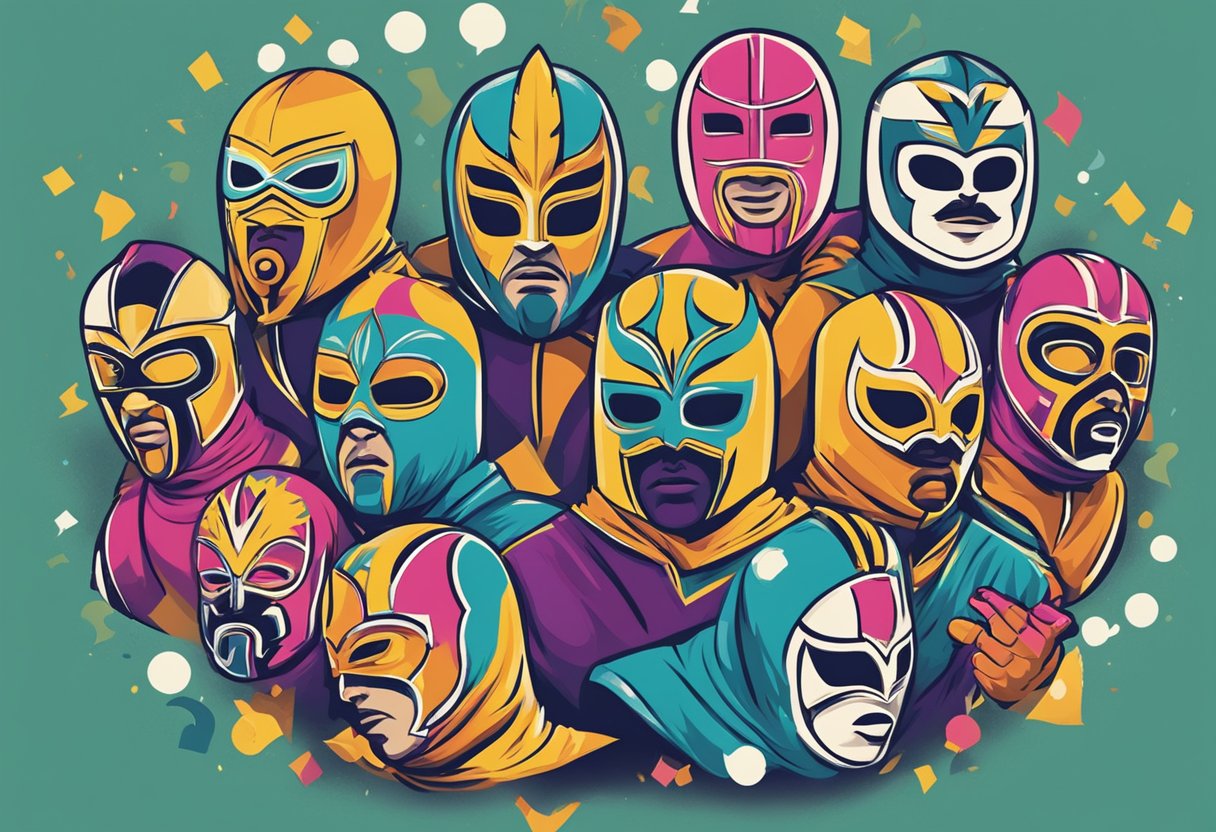 Un cartel colorido con máscaras de lucha libre y luchadores, rodeado de signos de interrogación y signos de exclamación.