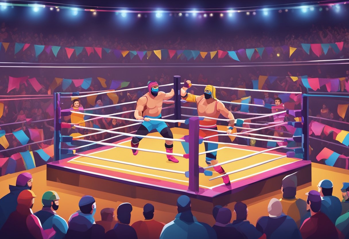 Un colorido ring de lucha libre con luchadores enmascarados en acción, rodeado de aficionados animando y vibrantes pancartas.