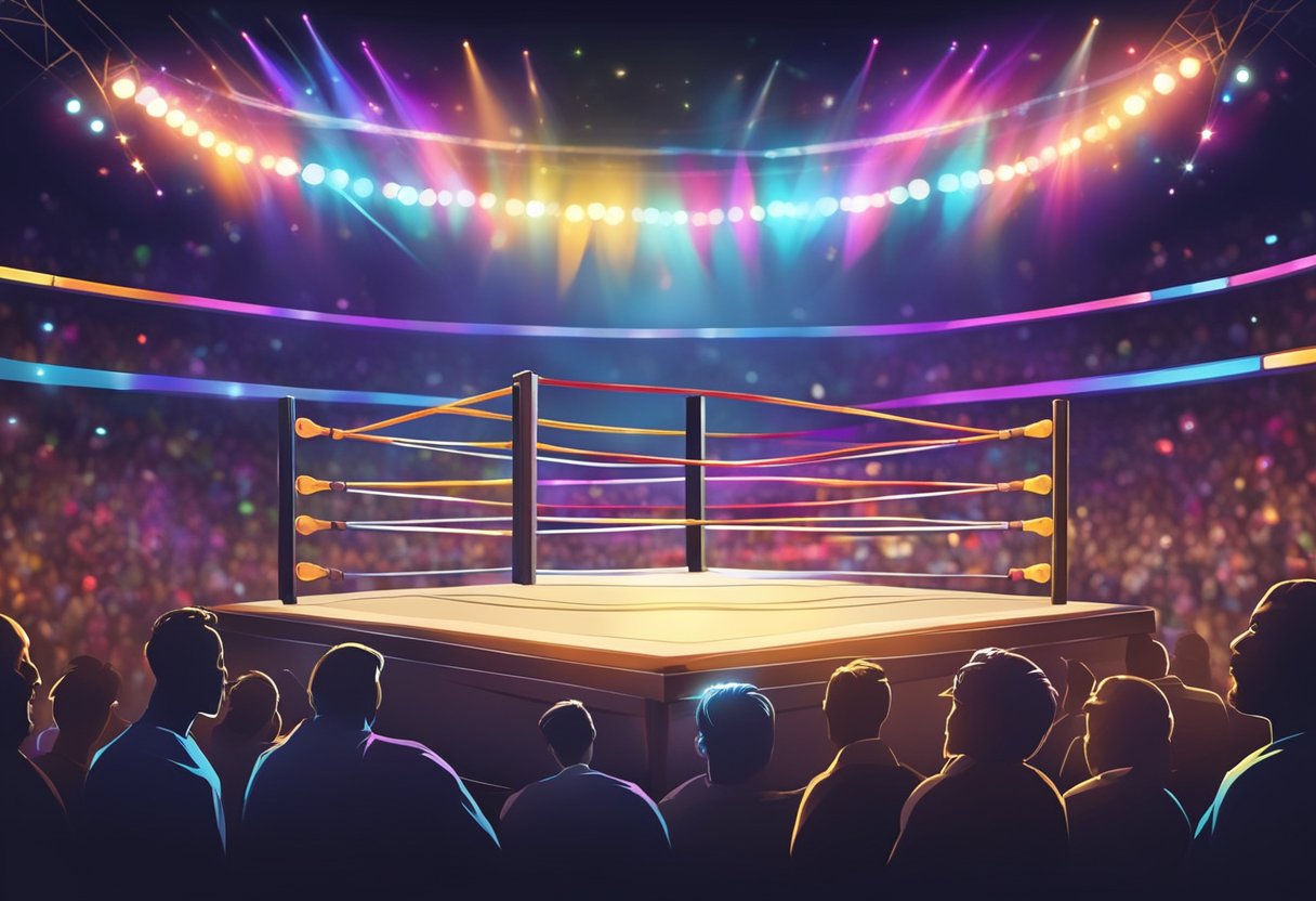 Un ring de lucha libre caótico con fanáticos coloridos y animados en el fondo, y luces dramáticas iluminando la acción