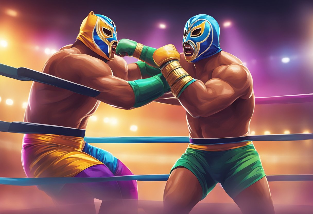 Un colorido ring de lucha libre con iluminación dramática y acción intensa entre dos luchadores enmascarados