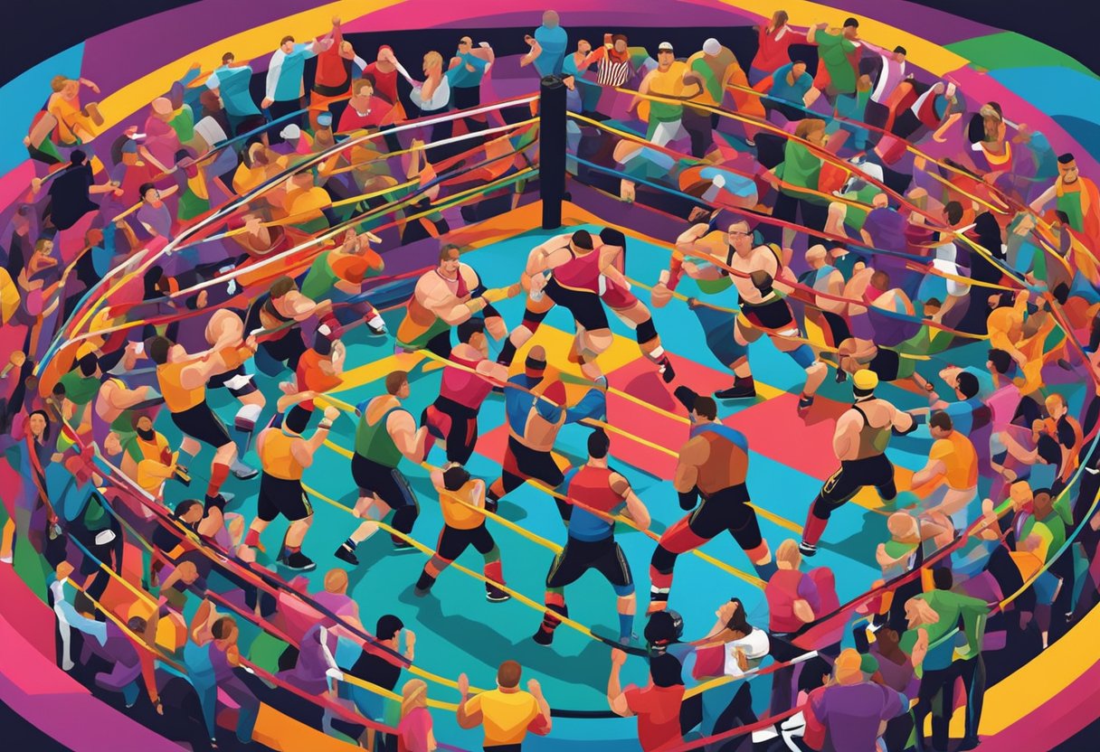 Un colorido collage de un ring de lucha, cinturones de campeonato y movimientos icónicos de lucha como suplex y body slam. Vibrante y dinámico.