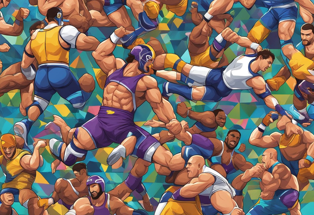 Un collage colorido de fondos de pantalla con temática de lucha libre, con personajes vibrantes y poses de acción dinámicas.