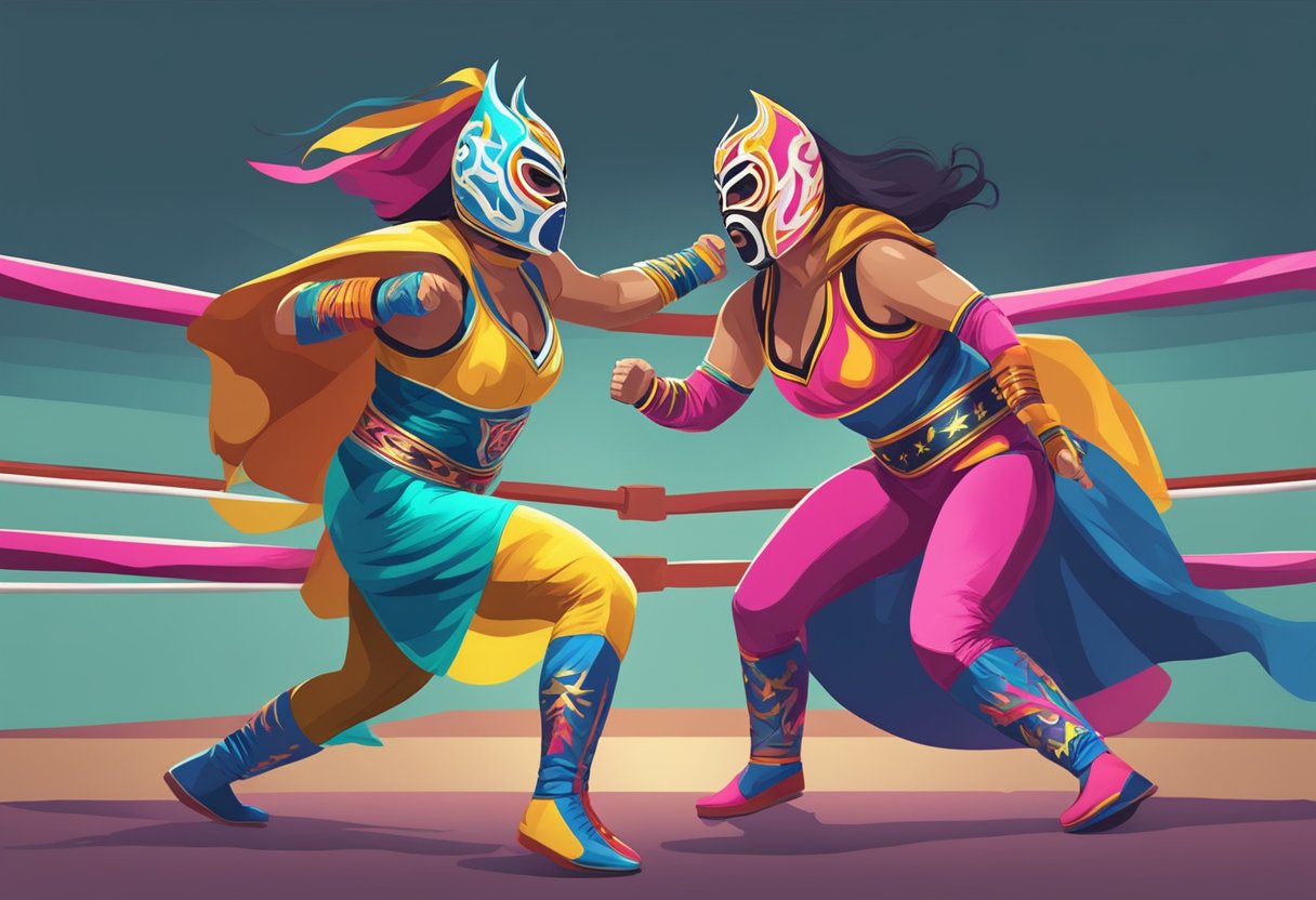 Dos luchadoras de lucha libre en coloridas máscaras y capas se enfrentan en el ring, listas para luchar y realizar acrobacias aéreas.