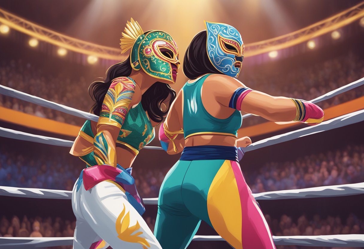 Dos icónicas luchadoras enfrentándose en el ring, sus vibrantes máscaras y elaborados trajes capturando el foco de atención mientras se preparan para la batalla