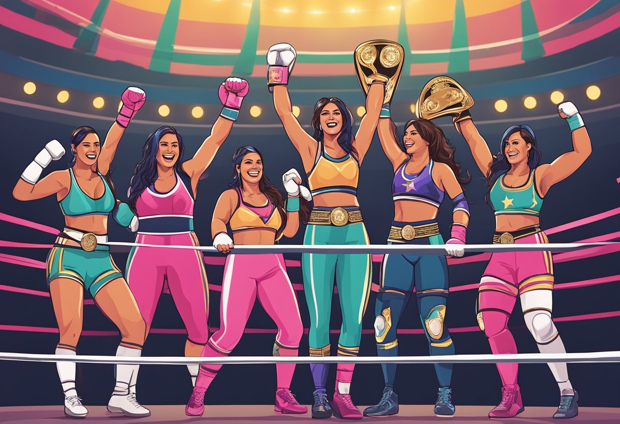 Un grupo de luchadoras celebrando en el ring, sosteniendo cinturones de campeonato y posando triunfalmente