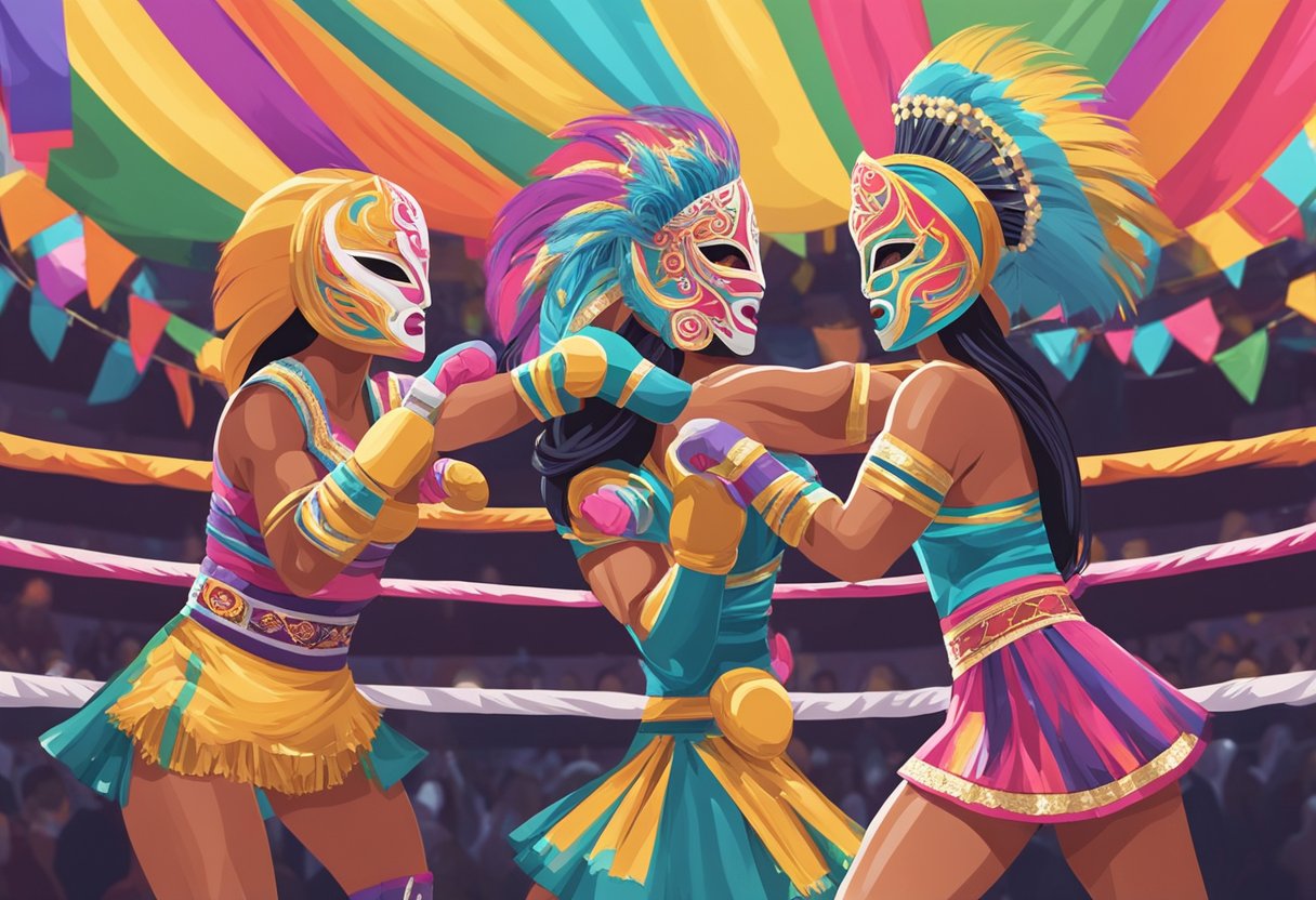 Dos luchadoras con máscaras vibrantes y trajes elaborados se enfrentan en el ring, rodeadas de aficionados animados y pancartas coloridas.