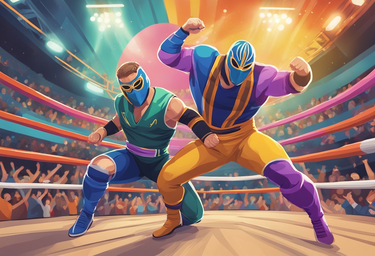 Dos luchadores enmascarados atrapados en una feroz batalla dentro de una colorida y concurrida arena, con la multitud vitoreando y abucheando en el fondo.