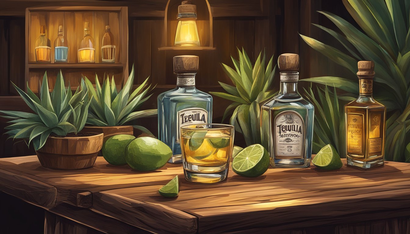 A rustic bar setting with a wooden flight board holding small glasses of tequila, surrounded by agave plants and dim lighting