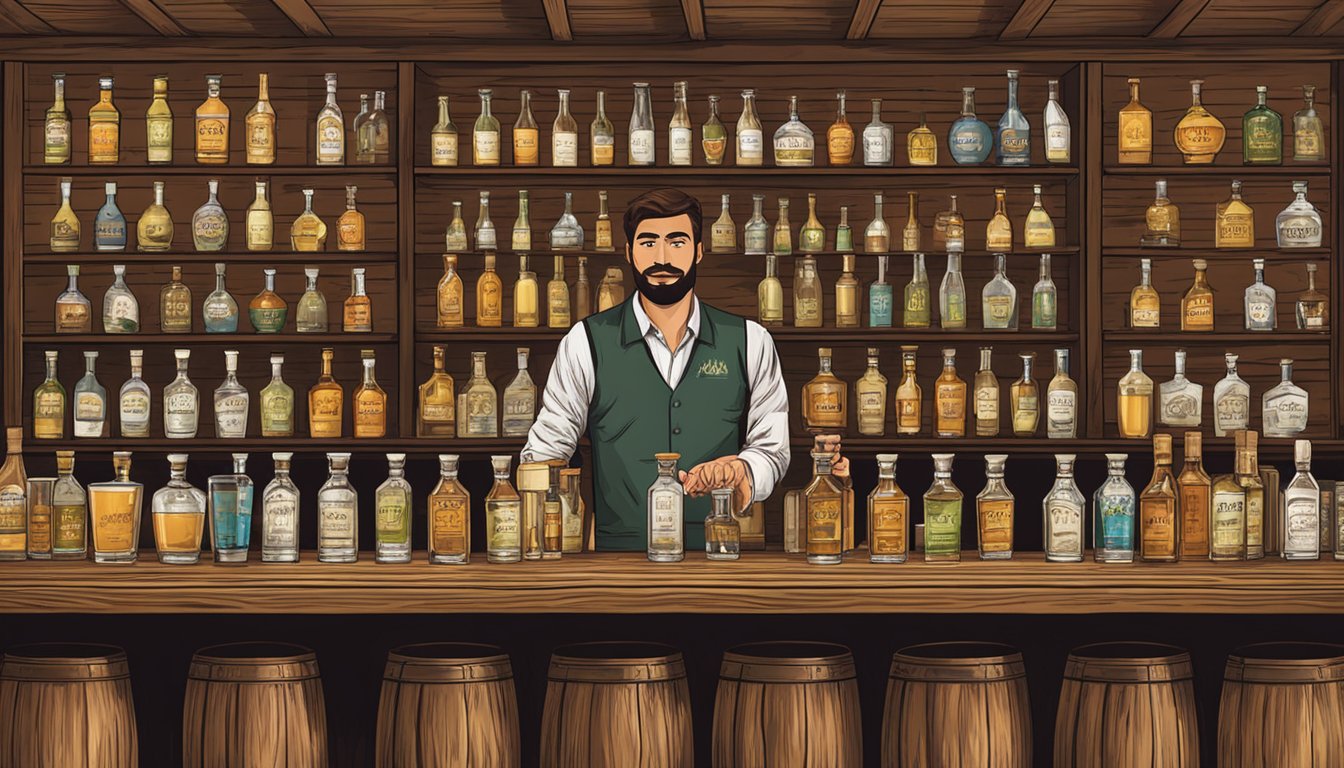 A rustic wooden bar with three rows of tequila glasses, each labeled with the name of a different tequila. A bartender stands behind the bar, ready to serve