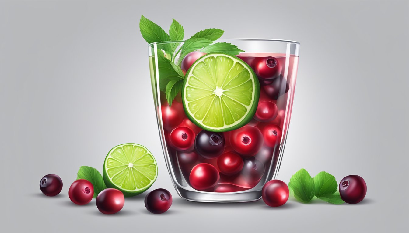 A festive cocktail glass with cranberries and lime slices